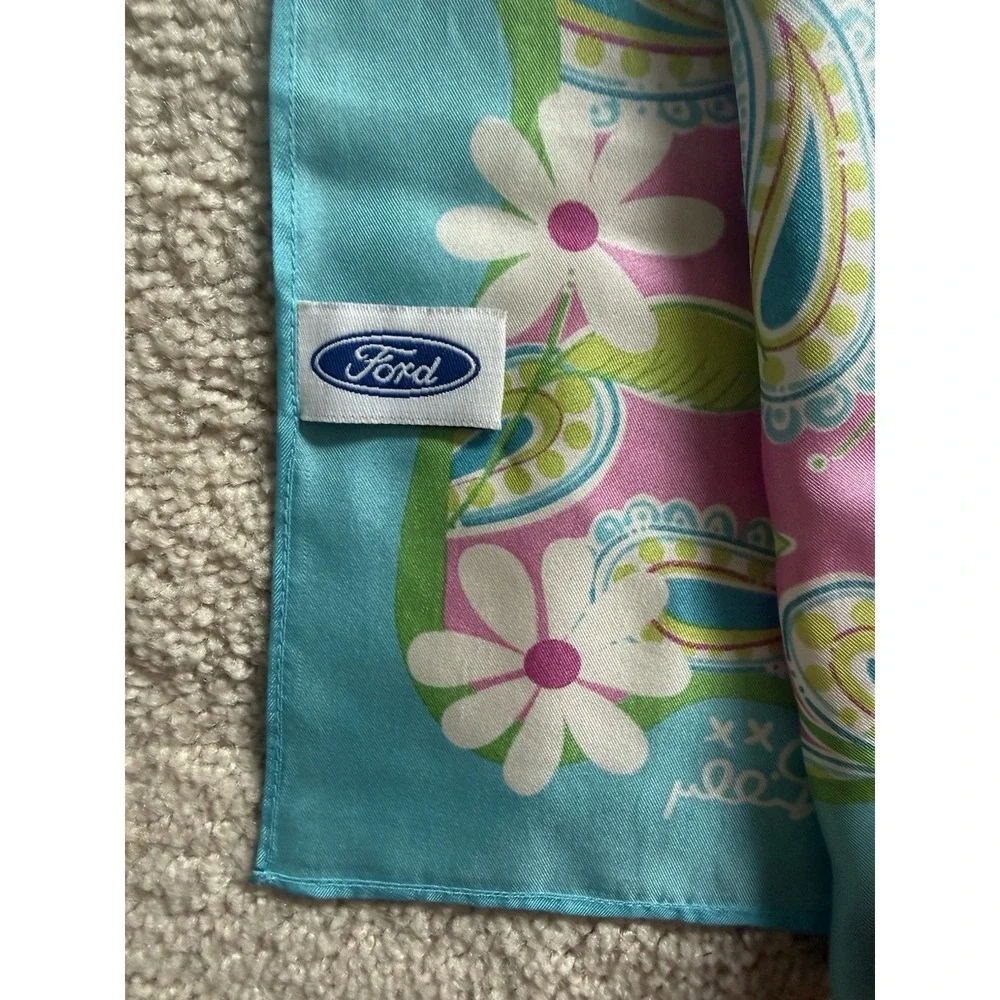 Lilly Pulitzer Ford Breast Cancer Aqua Blue Pink Floral 100% Silk Scarf 55